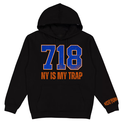 black 718 area code hoodie with ny is my trap logo text and New York logo on sleeve but ny is my trap, nyc streetwear