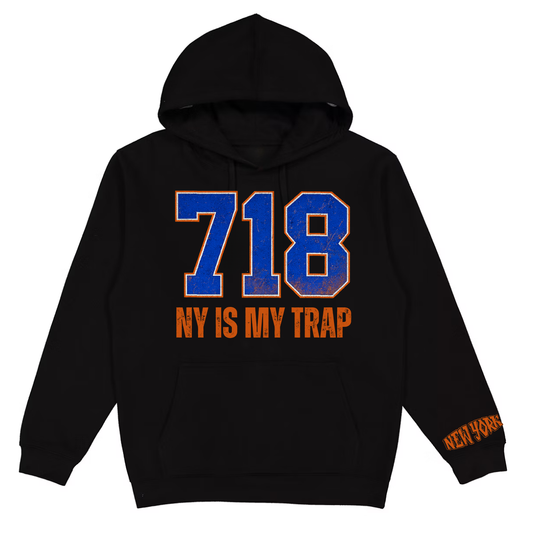 black 718 area code hoodie with ny is my trap logo text and New York logo on sleeve but ny is my trap, nyc streetwear