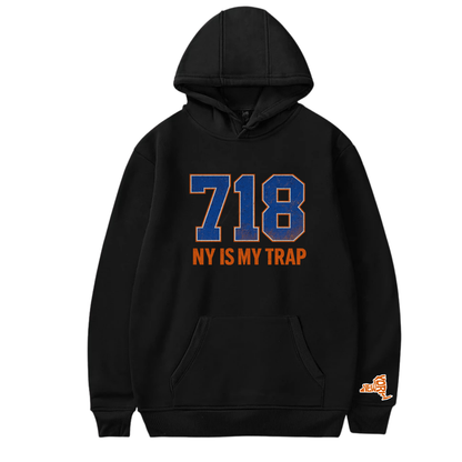 black 718 hoodie NY streetwear, 718 area code hoodie, NY IS MY TRAP black hoodie

