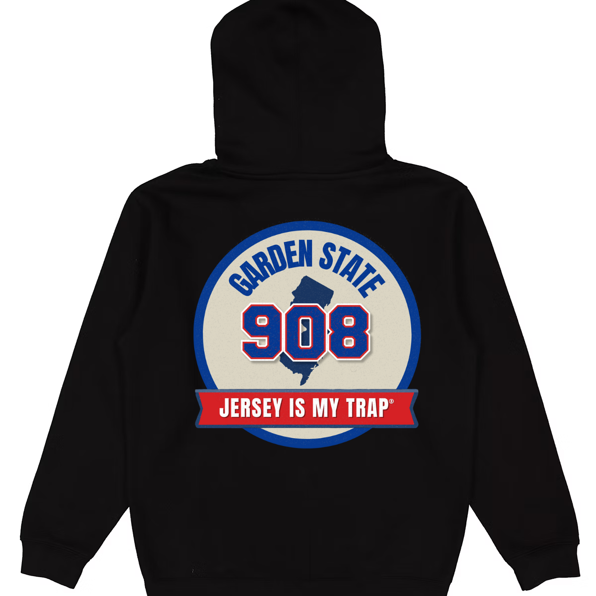 Black 908 area code  hoodie with 'Garden State 908 Jersey is my Trap' graphic on the back by ny is my trap