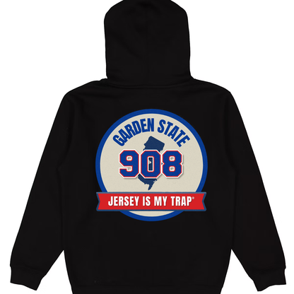 Black 908 area code  hoodie with 'Garden State 908 Jersey is my Trap' graphic on the back by ny is my trap