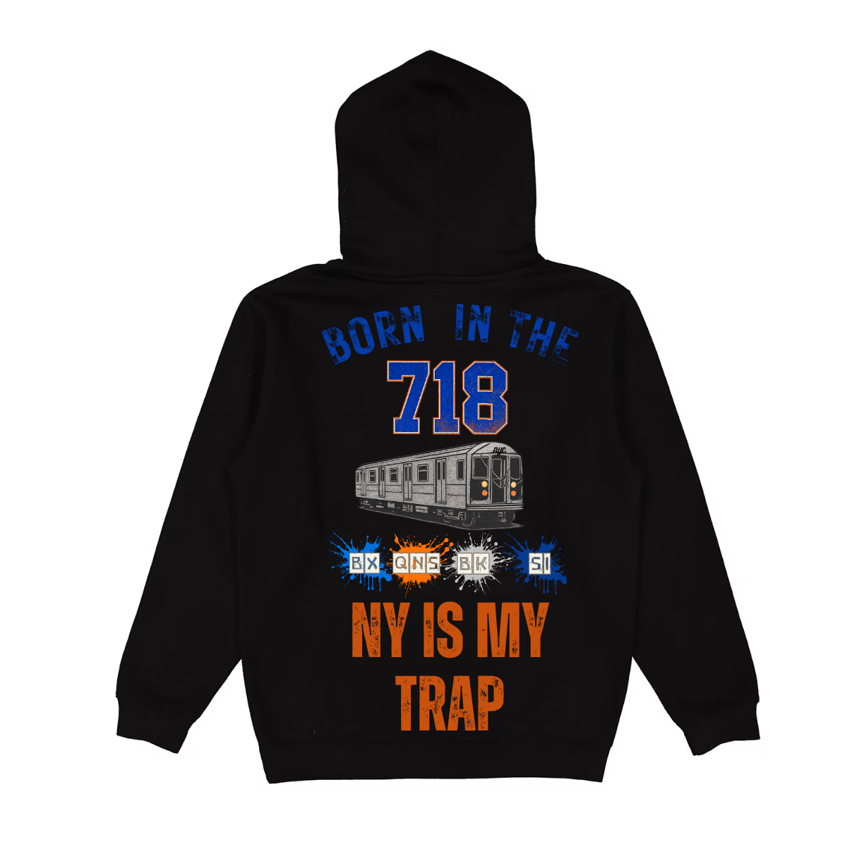 black 718 hoodie with ny is my trap text by ny is my trap