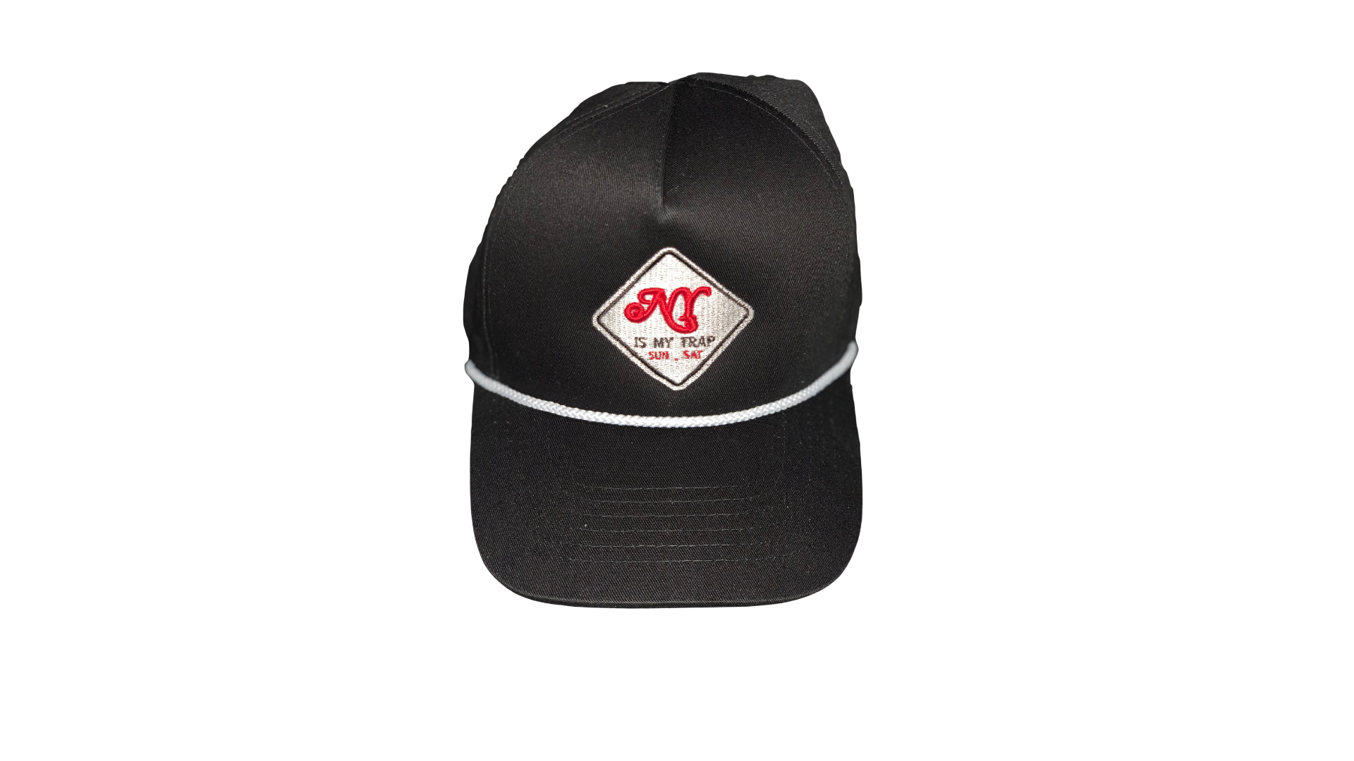 black snapback with a white embroidered ny is my trap sun-sat logo