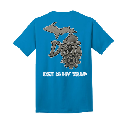 Blue 313 area code t-shirt with '313 is my trap' text 
