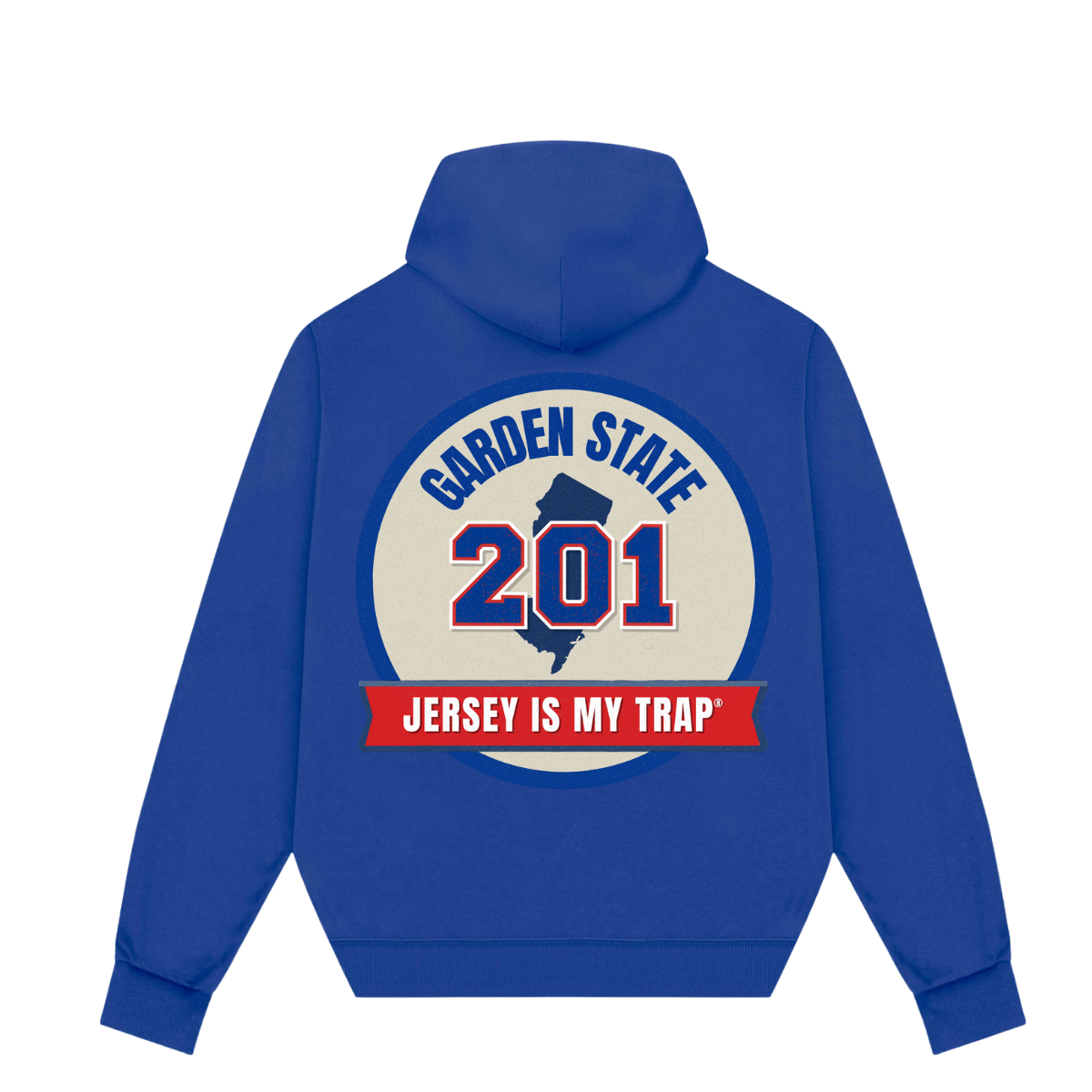 royal Blue 201 area code hoodie with 'Garden State 201 Jersey is my Trap' design on the back by ny is my trap, nj streetwear