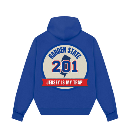 royal Blue 201 area code hoodie with 'Garden State 201 Jersey is my Trap' design on the back by ny is my trap, nj streetwear