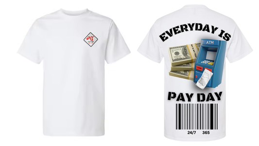 White t-shirt with ny is my trap sun-sat embroidered patch on front and graphic design on back, featuring money and ATM machine imagery. everyday is pay day t shirt