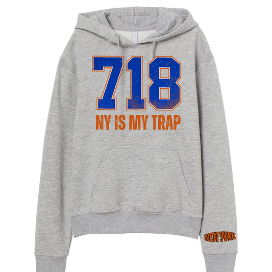 gray 718 area code hoodie with ny is my trap text by ny is my trap