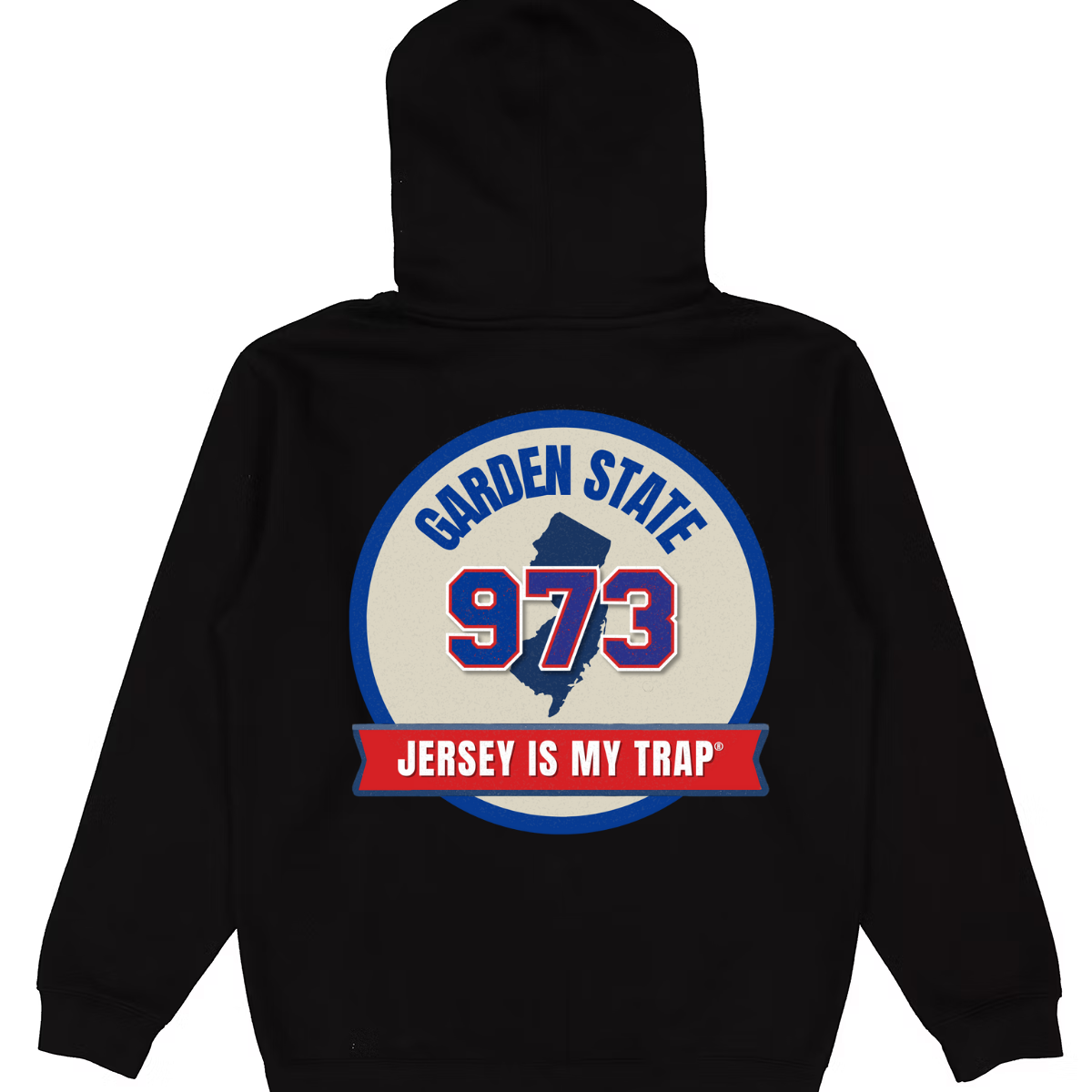 Black  973 area code hoodie with 'Garden State 973 Jersey is my Trap' design on the back by ny is my trap