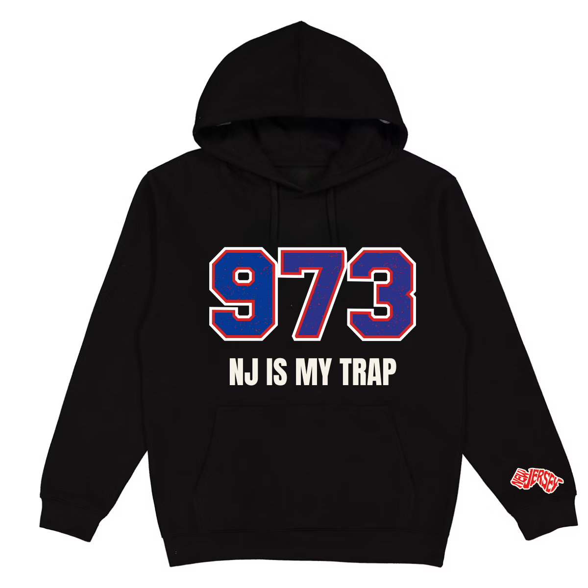 Black 973 area code hoodie with '973 NJ IS MY TRAP'  by ny is my trap