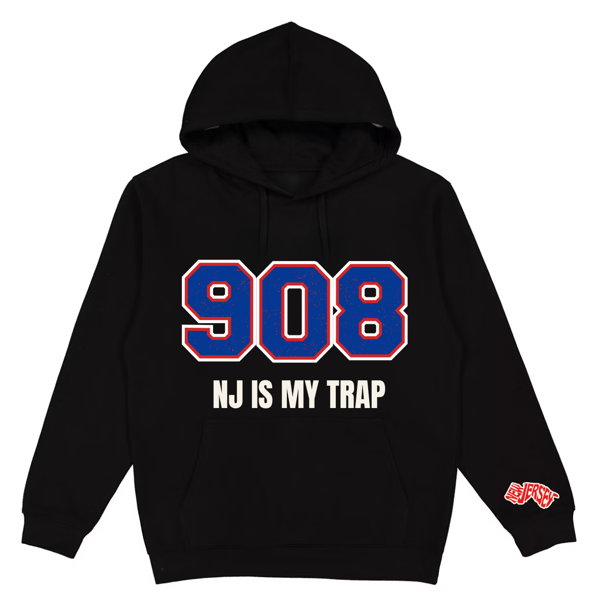Black  908 area codehoodie with '908 NJ IS MY TRAP' text by ny is my trap