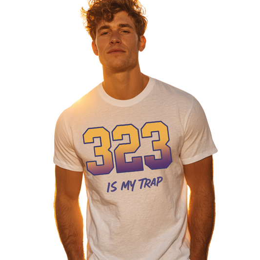 Man wearing a white 323 t-shirt with '323 is my trap' text on a white background