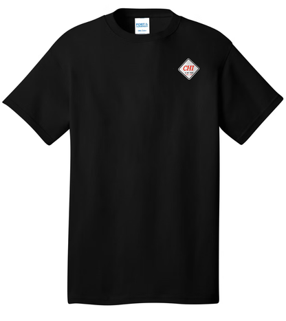 black t-shirt with embroidered chi is my trap sun-sat logo in an urban setting