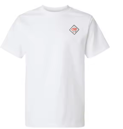  white t-shirt with embroidered chi is my trap sun-sat logo in an urban setting