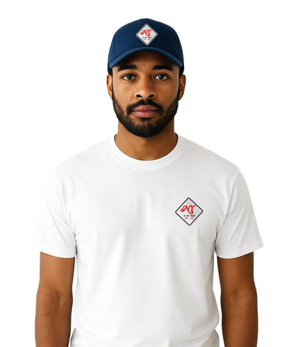 Person wearing a white t-shirt with a embroidered ny is my trap sun-sat logo and a blue cap with embroidered ny is my trap sun-sat  logo
